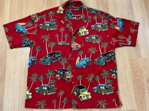 VINTAGE Box Office Island Palm Trees Woody Car Red Hawaiian Shirt XL - Picture 1 of 8