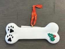White Puppy Dog Bone With 2 Paw Prints And Holly Personalizable Ornament