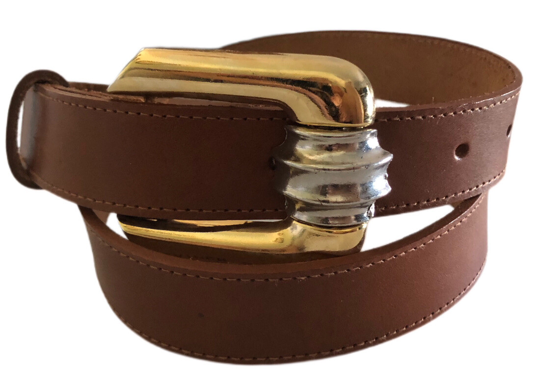Leather Shop Genuine Brown Leather Belt Square Gold Silver Buckle