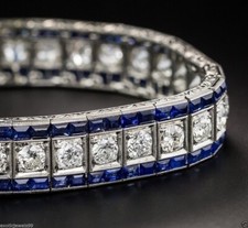 Vintage Art Deco Lab-Created Diamond & Blue Sapphire Line Bracelet In 925 Silver