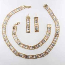 NEW WOMEN'S GREEK KEY NECKLACE & EARRING, BRACELET SET TRI COLOR GOLD BEAUTY
