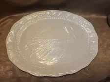 Vintage White Embossed Ceramic Turkey Holiday Platter 17" x 13" Oval