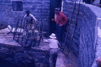 Kodak Slide 1950s Red Border Kodachrome Men with Fishing Trap Box