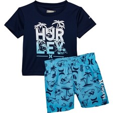 HURLEY Toddler Boy's 2T 2 Pc Swim Shorts Shirt Blue Shark Rash Guard Set