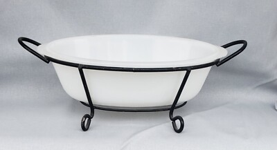 VTG Glasbake J235 1QT Casserole Dish MILK GLASS Oval WIRE serving/stand MCM