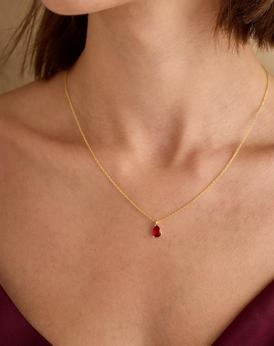 Solid925 Sterling Silver Real Teardrop Ruby Pendant Necklace Gold