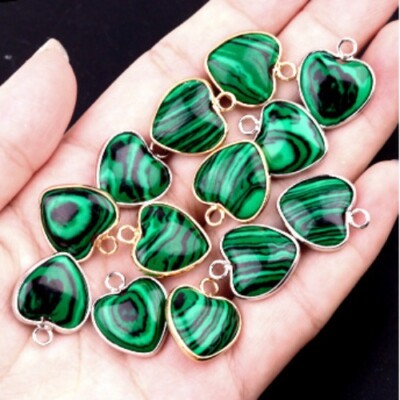 12pcs Artificial Malachite Stone Gold Silver Heart Pendants Jewelry Making 15mm