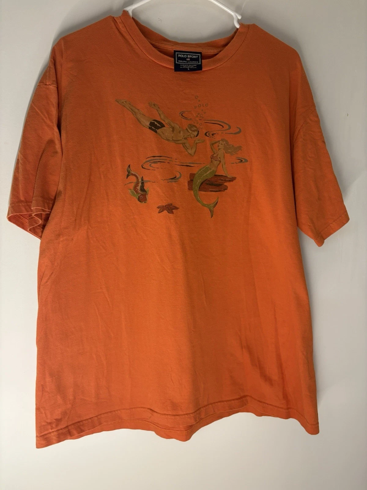 Vintage Ralph Lauren Polo Sport Orange Scuba Diver Mermaid Fish Shirt Rare Large
