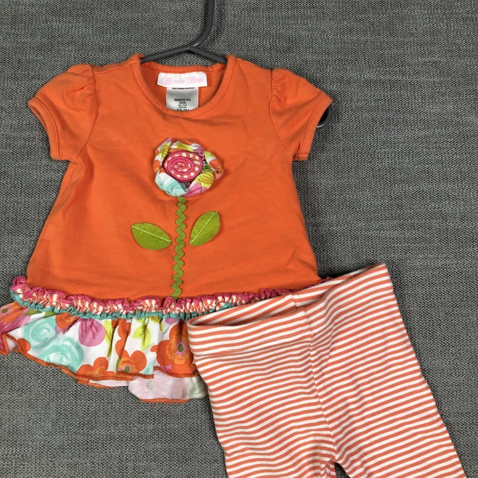 Bonnie Baby 2 Piece Girls Flower Shirt Striped Pants Set 6-9M Spring Outfit Set - Image 3 of 4