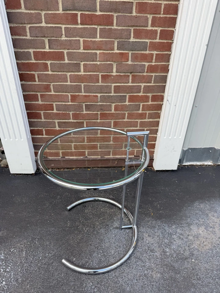 Mid Century Chrome & Glass Round Side Table by Eileen Gray 20” Adjustable Height - Image 2 of 4