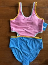 DSG Girls One Piece Swimsuit Cut Outs Aqua Blue Pink Size Medium 10-12 NEW