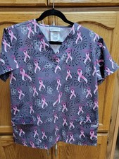 Gray Scrub Top w/Pink Cancer Ribbons  Inspirational Words By U.A. Scrubs sz Med