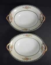 Vintage Set of 2 Oval Floral Gold Trim Handled Ceramic Serving Bowls by Elmonte