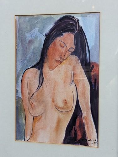MODIGLIANI STYLE SEATED MODEL by R. CHADWICK FRAMED WATERCOLOUR - Picture 7 of 13