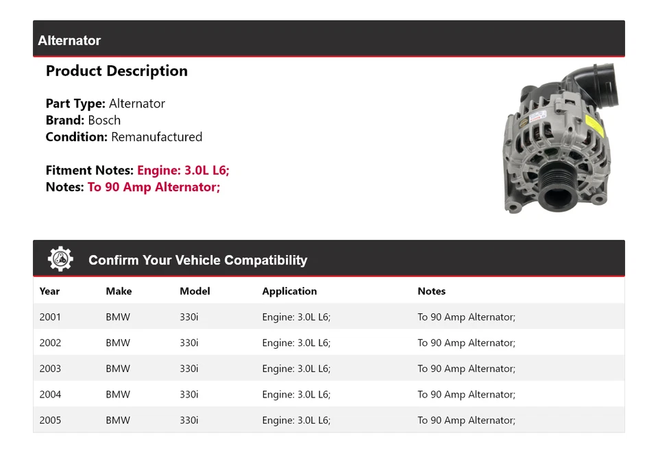Alternador Bosch BMW 330i 2001-2005 3,0 L L6 (remanufacturado) 2002 2003 2004 Foto 2 de 4