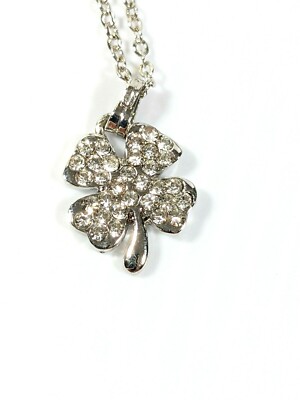Delias Silver Tone Four Leaf Clover Crystal Pave Pendant Necklace 16 inches