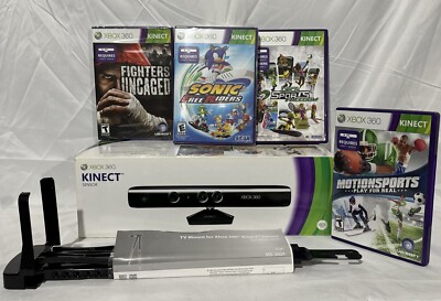 Microsoft Xbox 360 Kinect Motion Sensor Bar Black + 4 Unopen Games Bundle Tested