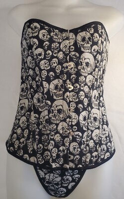 New Womens XL Skull Tapestry Corset Set Boned Embroidered Biker Goth Vamp