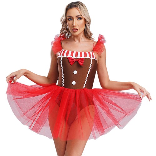 Sexy Women Gingerbread Cosplay Sleeveless Dress Christmas Xmas Party Cosplay - Picture 4 of 27