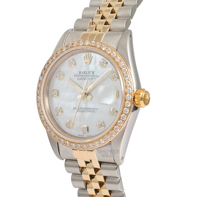 ROLEX DATEJUST 16013 STEEL & 18K GOLD 36MM WHITE MOP DIAMOND DIAL