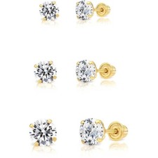 10K Yellow Gold Basket Set 3mm-8mm Round CZ Screwback Stud Earrings