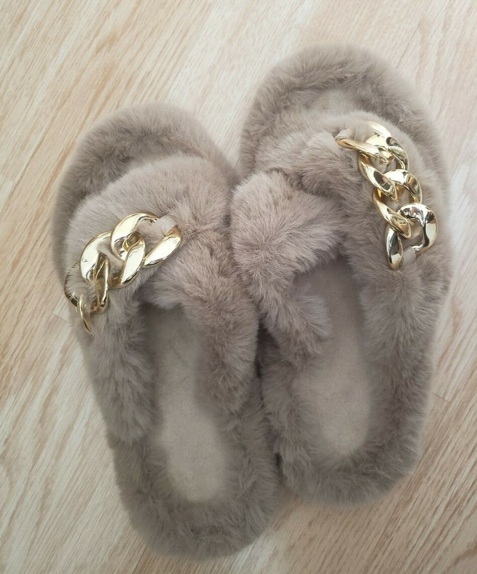 PANTOFOLA D’ORO Infradito donna tg 7 (run big) pelliccia sintetica marrone oro catena casa