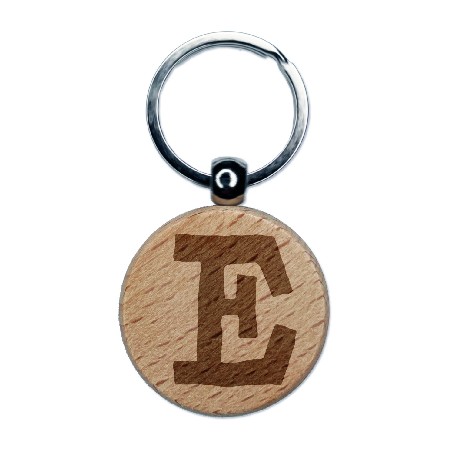 Letter E Uppercase Cute Typewriter Font Engraved Wood Round Keychain Tag Charm