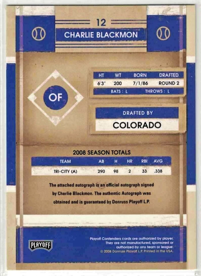 Boleto de temporada 2008 Playoff Contenders #12 Charlie Blackmon autógrafo MLB Rockies Foto 2 de 2