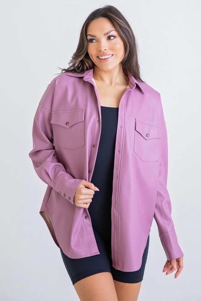 Karlie Púrpura Imitación Cuero Plisado Chaqueta Camisa Talla S NUEVA $108