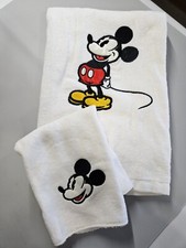 Vintage Disney Embroidered Mickey Mouse Bath Towel  Wash Cloth White NEW