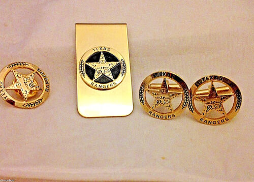Engraved Texas Ranger Badge Set, Cuff Links, Lapel Pin and Money Clip (goldtone)