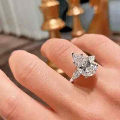 3Ct Pear Cut Real Moissanite Women's Wedding Ring 14K White Gold Plated Silver