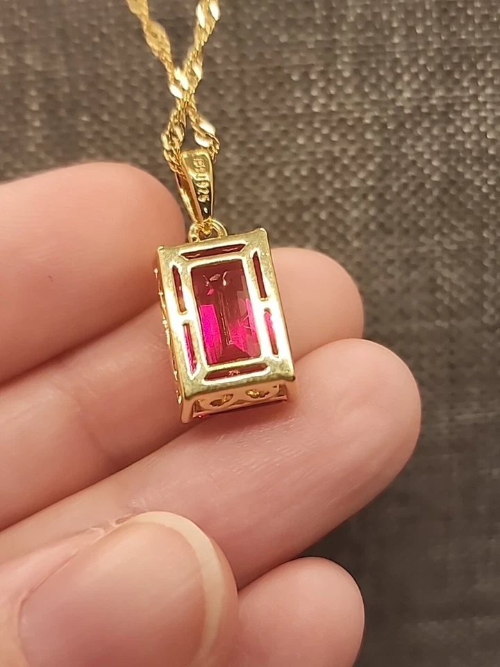 Red Lab Created Ruby 18k Yellow Gold Over 925 Ring, Pendant & Earrings - Image 3 of 4