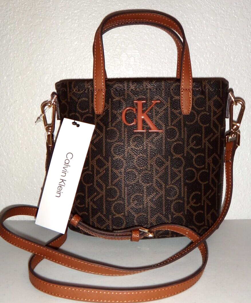 CALVIN KLEIN CK Signature Hand Bag Zip Purse Brown Luggage CALVIN KLEIN CK Signature Hand Bag Zip Purse Brown Luggage