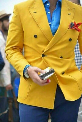 Yellow Men Suit Double Breasted Blazer Tuxedo Formal Business Prom