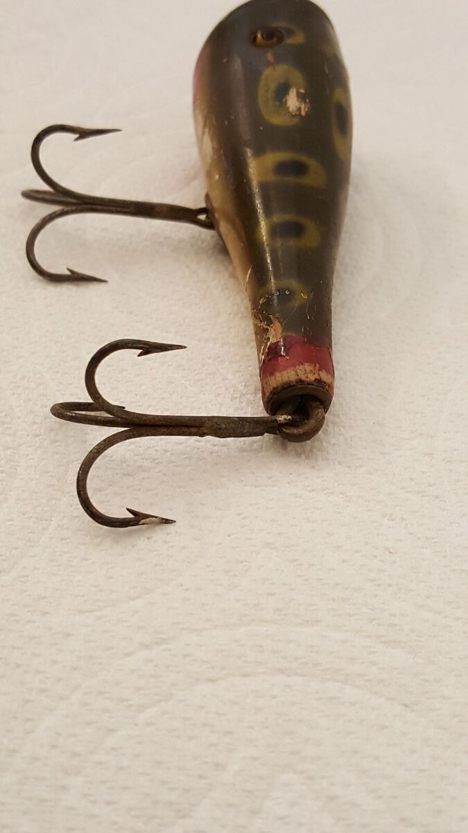 Antique wood fishing lure with glass eyes plug bass 3 long