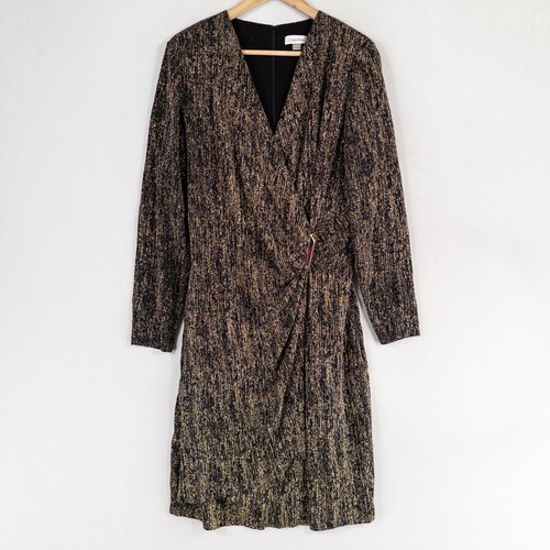 Calvin Klein Dress 18W Black Gold Glitter Stretch Knit Wrap Style Party Cocktail