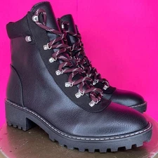 H&M Black Faux Leather Hiking Lace Up Cushion Collar Lug Sole Boot Size 8