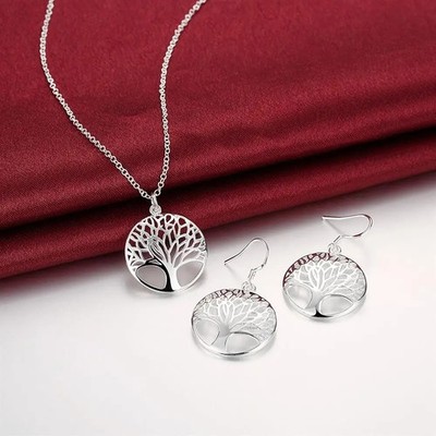 925 Sterling Silver Round Leaf Jewelry Set Earrings Necklace for Women Gift
