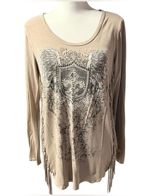 Vocal Beige Long-Sleeve Fringe Graphic Tunic