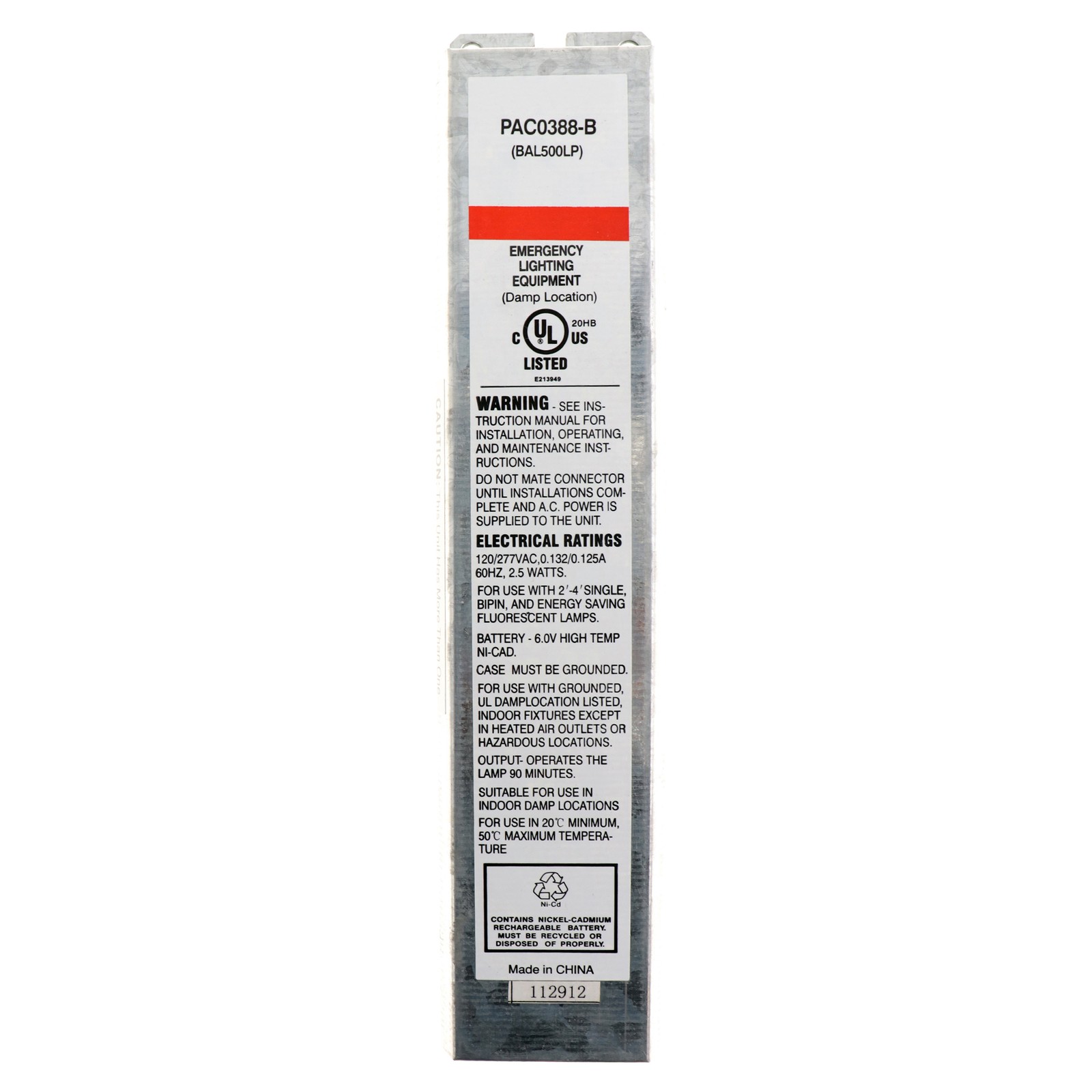 PACE ELECTRONICS BAL500LP LOW PROFILE EMERGENCY FLUORESCENT BALLAST, 120/277VAC