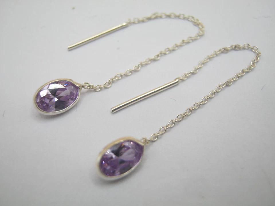 Pretty 925 Solid Silver Threader Earrings Decorated With Simulated CZ - Image 3 of 4