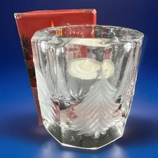 VTG NIB Xmas Fir Tree Etched Clear Glass Tea Light Votive Candle Holder Holidays