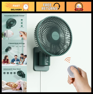 Wall Mounted Oscillating Fan with Remote & Timer - 8.5 Inch, 4 Speeds, 90° Tilt,