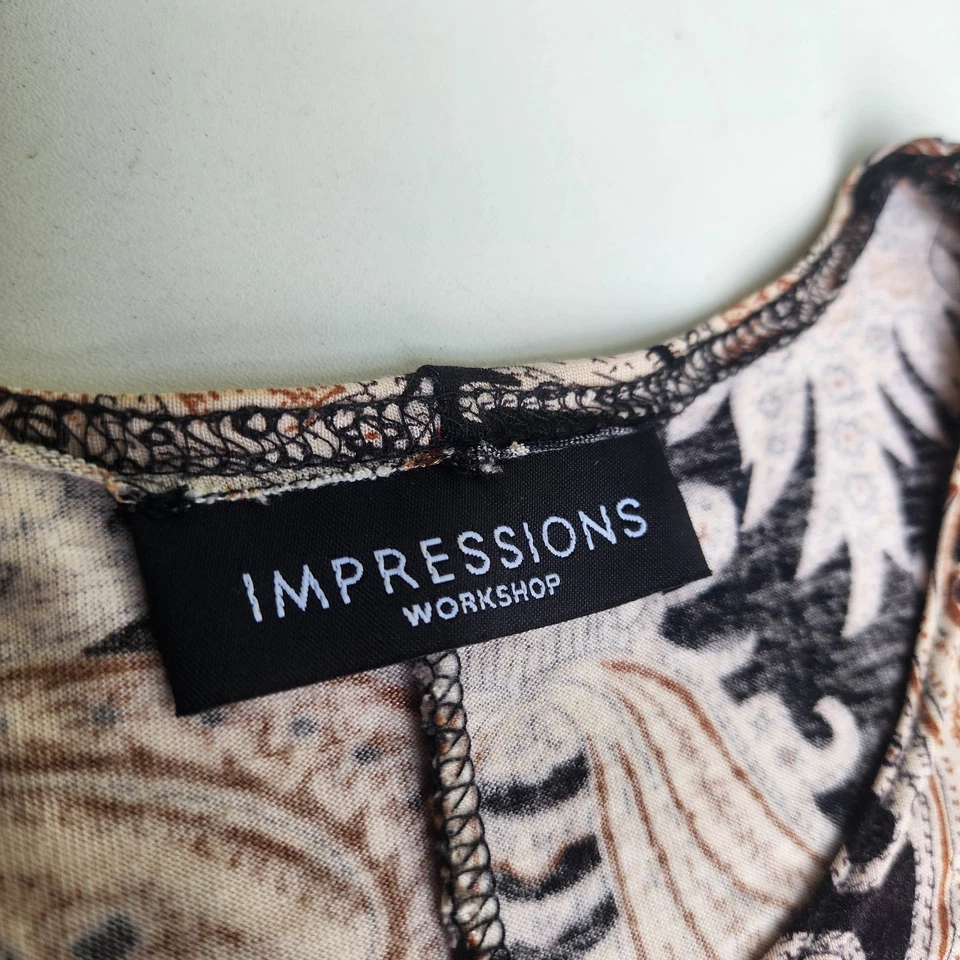 Impressions Workshop женщин Midi платье черный желтовато-коричневый пейсли цветочный короткий рукав S - Изображение 2 из 4
