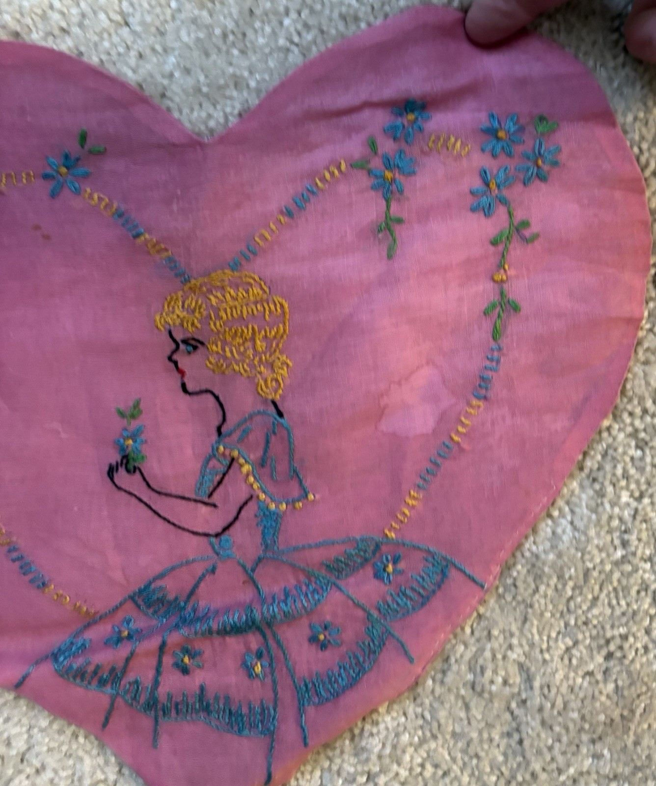 Vintage  Embroidered Pillow Pink Small Heart Shaped  Flapper Girl