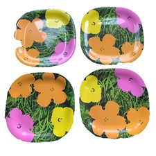 (4) Vtg Andy Warhol FLOWERS 8” Square Salad  Plates Precidio Melamine Pop Art