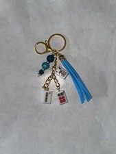 Genuine Mahjong 3-Tile Keychain w/Bag Charm Tassel Mixed Beads