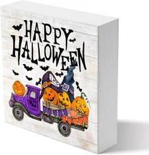Halloween Wooden Sign, 5 X 5 X 1.2 Inches, Rustic Style, Happy Halloween