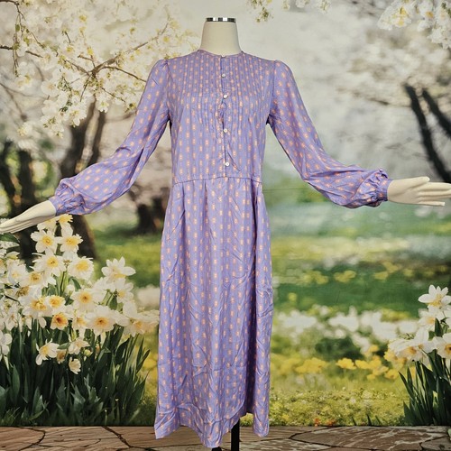Vintage 1980's Dress Lilac Purple Print Long Sleeve Silky Retro Button Front - Picture 12 of 12
